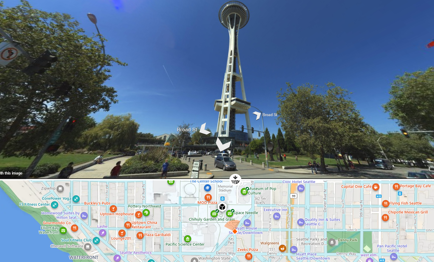 Screenshot showing an example of Street side imagery displaying Seattle's space needle in Bing Maps.