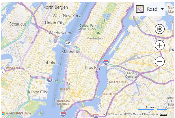 Screen shot of a map in Bing Maps centered and zoomed over Manhattan.