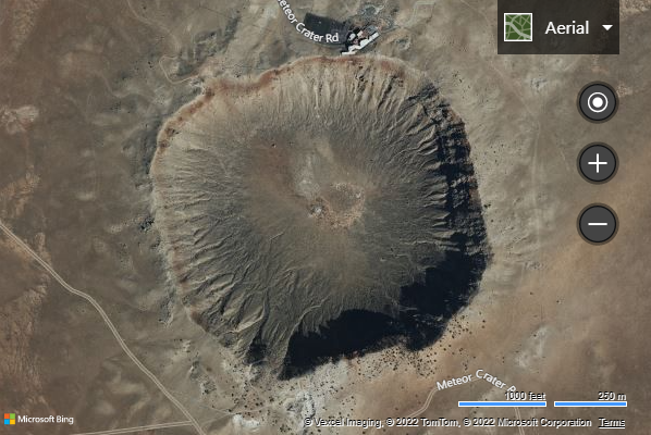 Screen shot of a map in aerial view showing Meteor Crater in Bing Maps. Meteor Crater is a meteorite impact crater located in the northern Arizona desert of the United States.