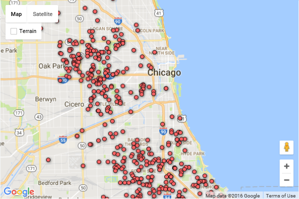 Screen shot of a Google Map showing an example of their Fusion Tables solution. It shows Chicago with dozens of red dots, ech represents a location where the Age property is greater than 20.