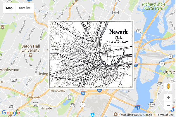 Screen shot of a Google Map showing an example of their support of ground overlays. This example overlays a map image of Newark New Jersey from 1922.