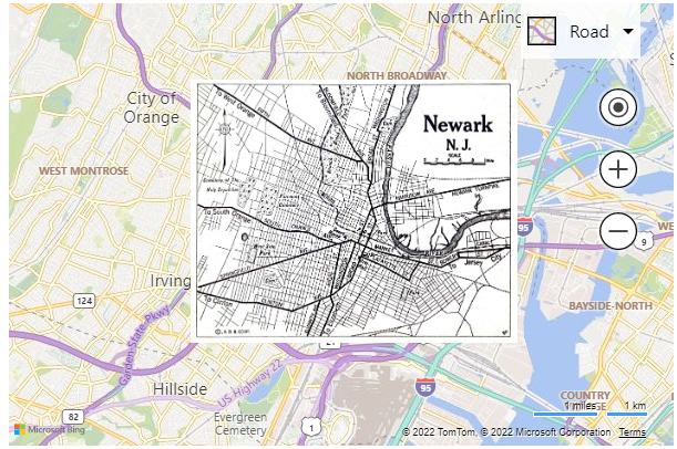 Screen shot of a map in Bing Maps showing an example of their support of ground overlays. This example overlays a map image of Newark New Jersey from 1922.