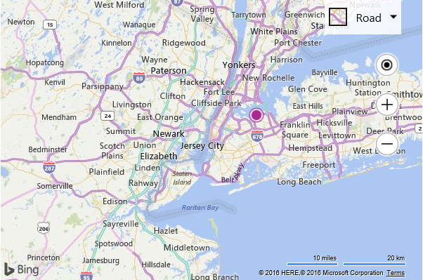 Screenshot of a Bing map showing a purple circle pushpin over New York, New York in the middle of the map.