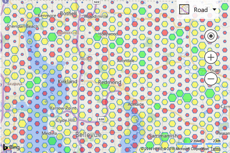 Screenshot of a map of Redmond, Washington, showing hexagon data bins colored and sized according to the number of pushpins in each bin.