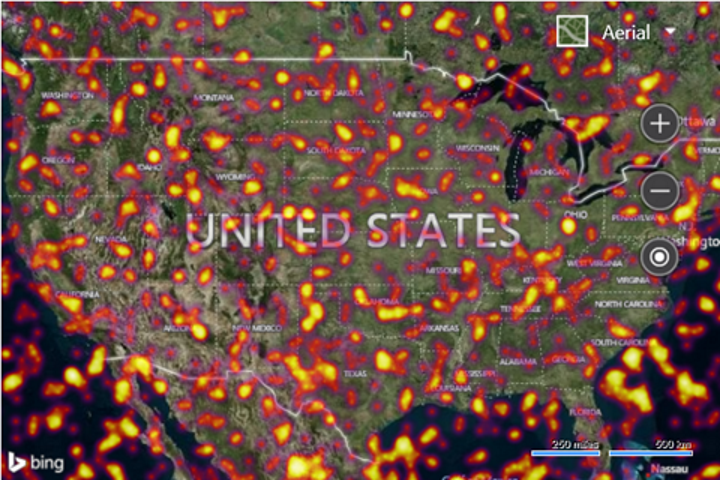 Screenshot of a Bing map showing the custom heat map layer over a map of the United States of America.