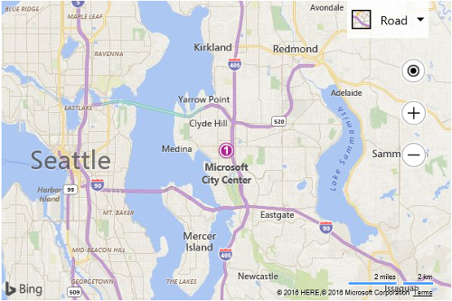 Screenshot of a Bing map showing the number 1 pushpin with the label Microsoft City Center in the center of the map.