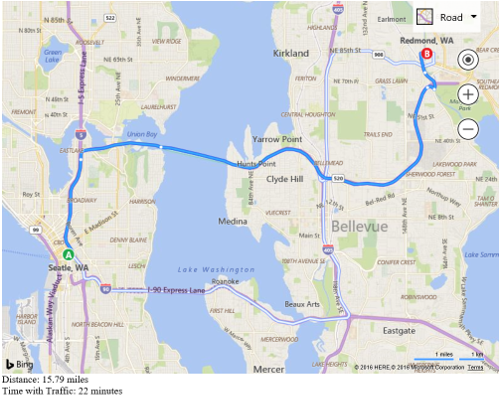 Screenshot of a Bing map showing a route from Seattle, Washington to Redmond, Washington with the distance and travel time below the map.