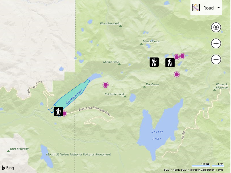 Screenshot of a Bing Map that shows a polygon shape overlaid onto the Coldwater Lake and hiking trail icons on the map.