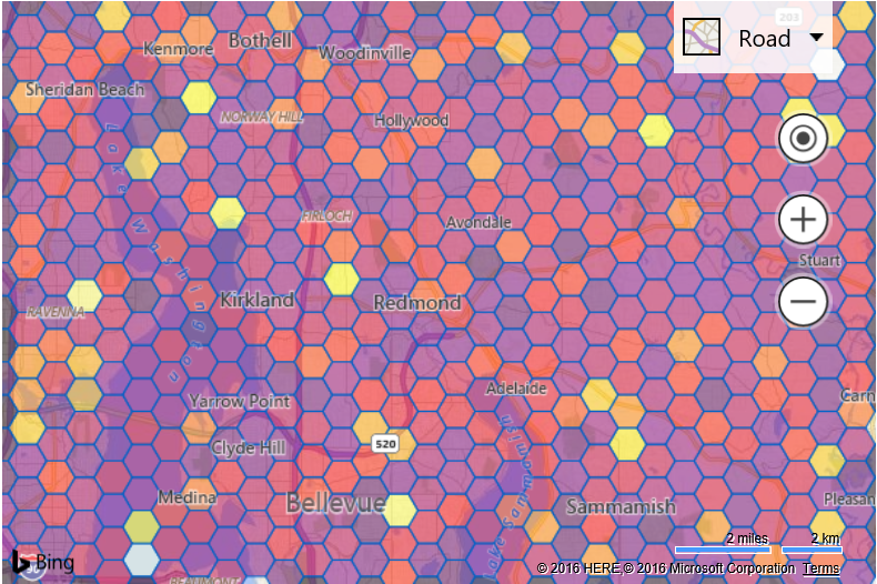 Screenshot of a map of Redmond, Washington, showing hexagon data bins colored according to the number of pushpins in each bin.