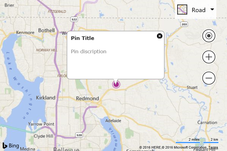 Screenshot of a Bing map showing a pushpin with an infobox above it with the title and description of the pushpin.