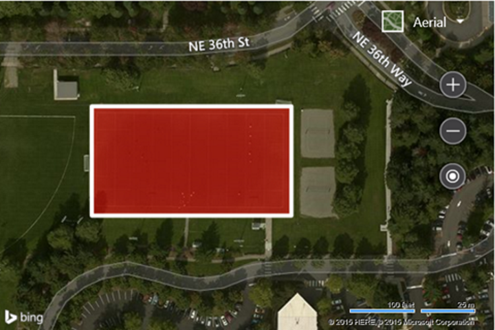 Screenshot of a Bing map showing a rectangle polygon shape on top of a soccer field on the Microsoft campus.