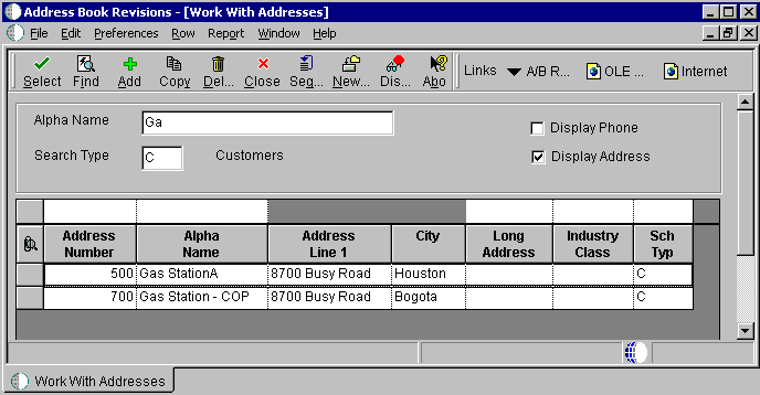 Image that shows the Address Book Revisions dialog box, with two records displayed as a result of the search.