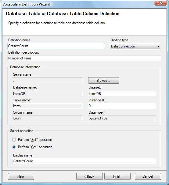 Image that shows the Database Table or Database Table Column Definition screen.