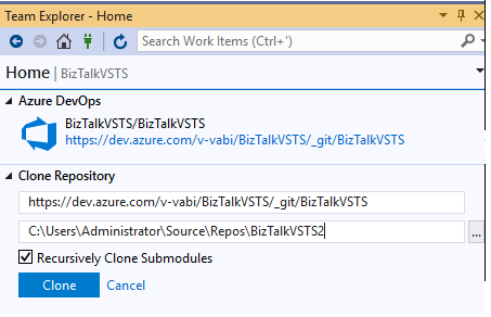Clone the Azure DevOps repository paths in the BizTalk Server project 