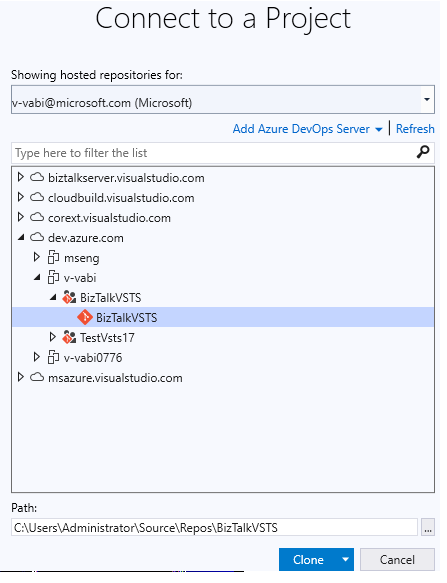 Select your Azure DevOps collection and project in the BizTalk Server project 