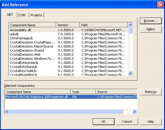 Image that shows the Selected Components section on the Add Reference screen.