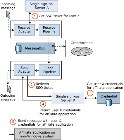 Diagram that shows how the credentials for an application can be looked up in the SSO database by a Single Sign-On (SSO) Server.