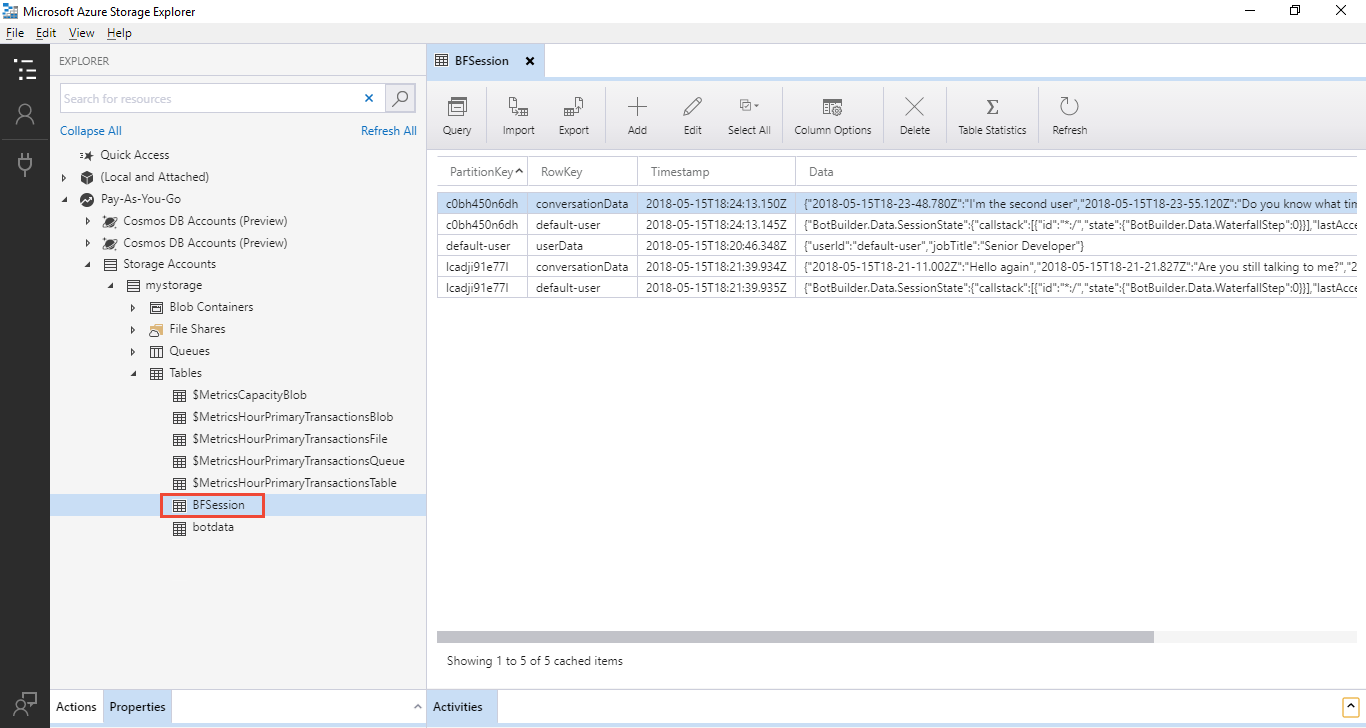 Screenshot of Storage Explorer with botdata table rows