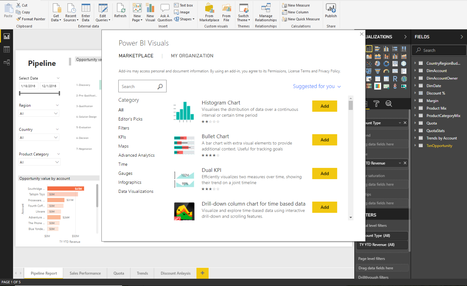 A screenshot of the marketplace for Power BI Visuals