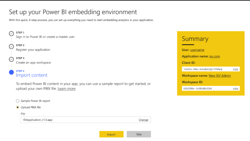A screenshot of Power BI embedding environment setup
