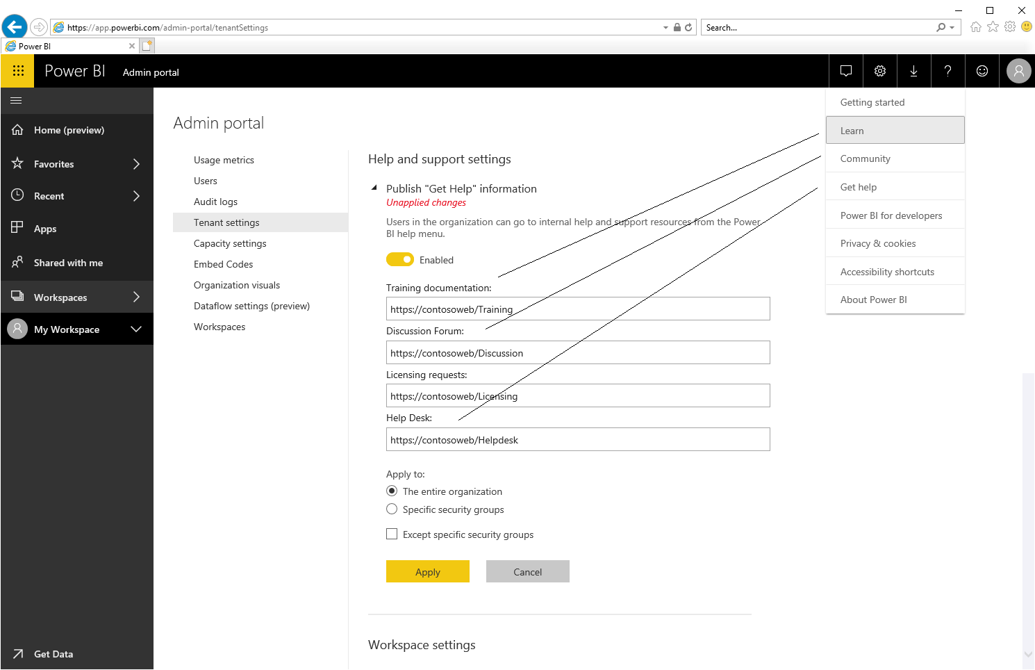 Power BI help and support settings