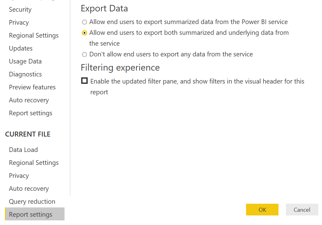 Report settings for exporting data in Power BI Desktop