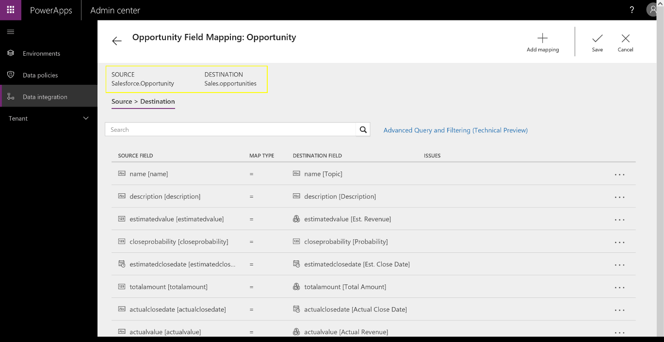 Mapping Salesforce.com Opportunity fields into the Common Data Service for Apps
