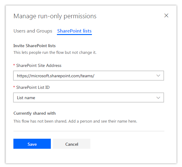 A screenshot demonstrating how to share a flow with run-only permissions