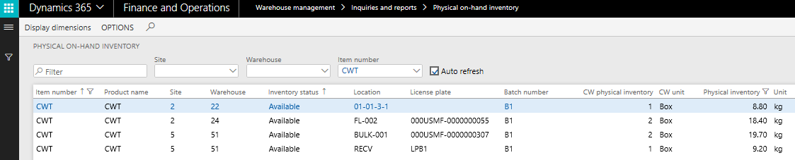 Catch weight quantities shown together with inventory quantities on the Physical on-hand inventory page
