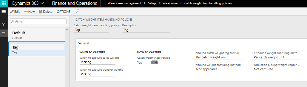 Enabling weight tag tracking on the Catch weight item handling policies page