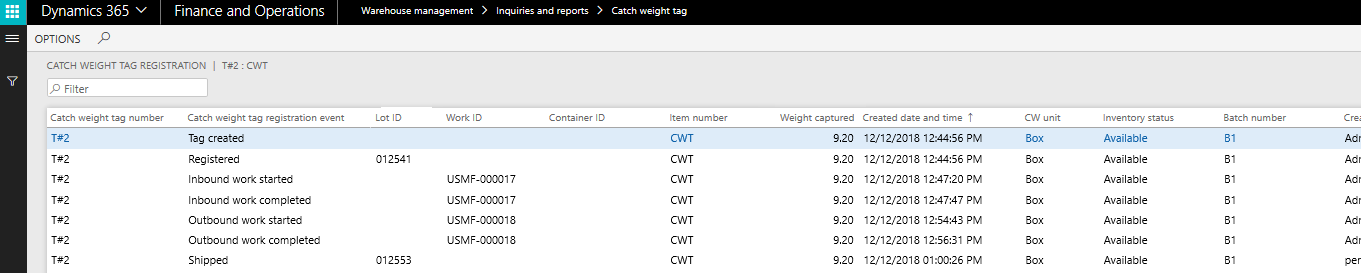 Catch weight registrations shown on the Catch weight tag registration page