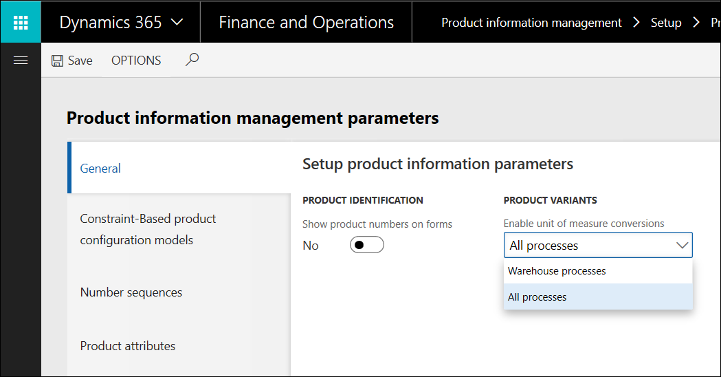 Enabling unit of measure conversions by product variants on the Product information management parameters page
