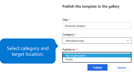 Select a category and a location for publishing your onboarding template