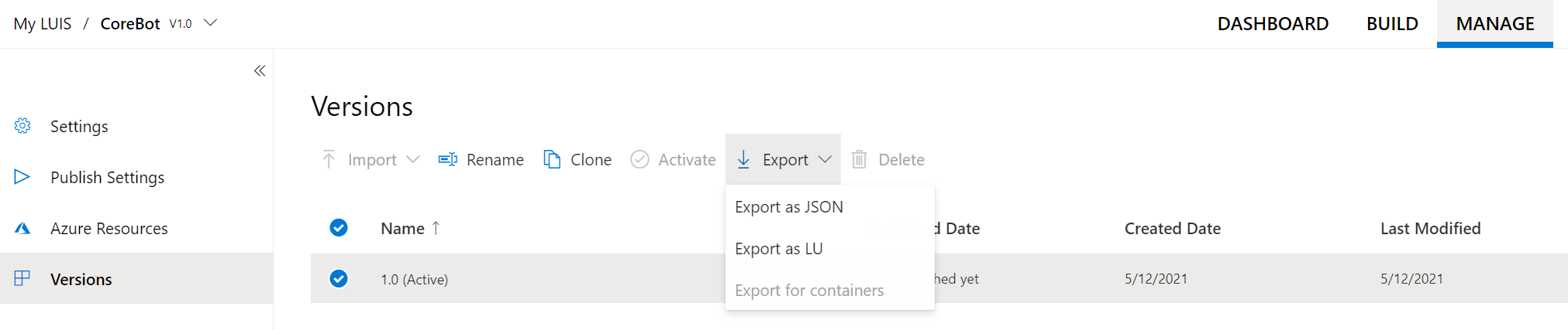 Export the Core Bot Sample LUIS app to .LU file