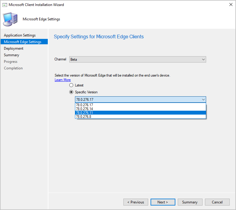 Microsoft Edge Settings page in the deployment wizard