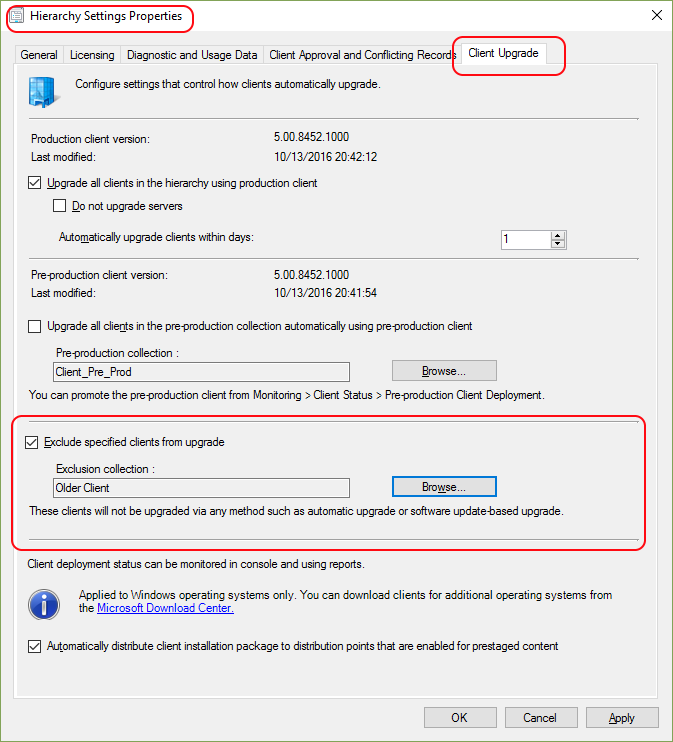 Settings for automatic upgrade exclusion