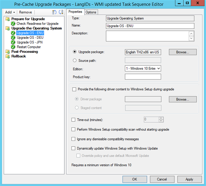 Task sequence editor showing multiple Upgrade OS steps for ENU, DEU, and JPN
