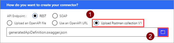 Screenshot that shows the Upload Postman collection V1 option.