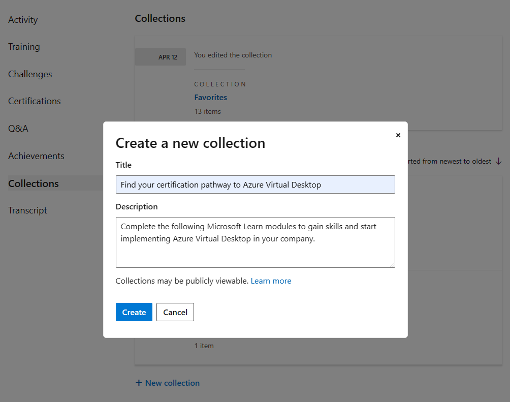 Screenshot of the create a collection screen.