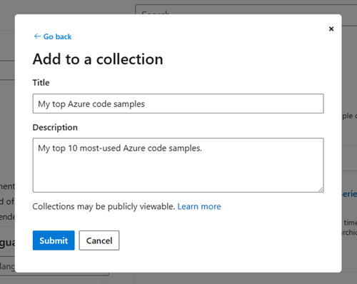 Screenshot of the create a collection window.