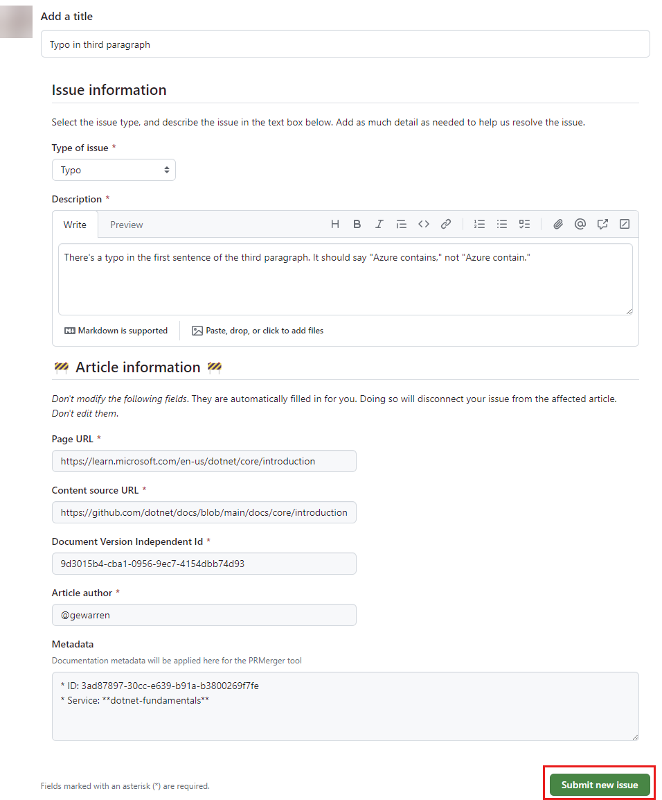 Screenshot of the new-issue form in GitHub.