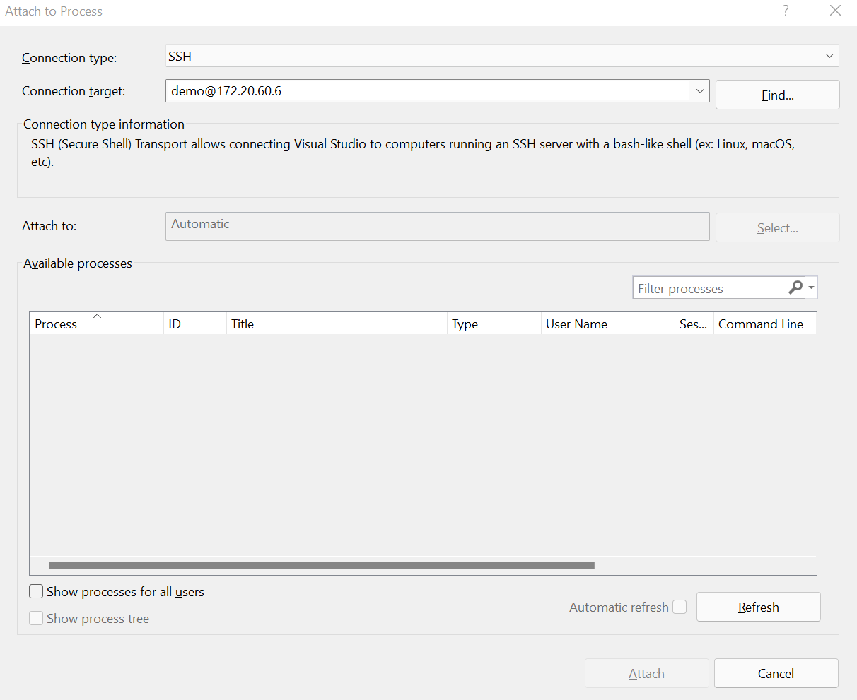 Screenshot of the Attach to Process menu in Visual Studio.