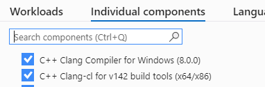 Screenshot of the Visual Studio installer with the Individual components tab selected and the C plus plus Clang components visible.