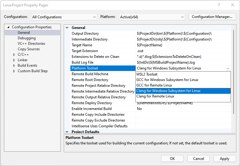 Screenshot of the Console App clang Visual Studio 2019 Property Pages dialog box with Configuration Properties > General selected and the Platform Toolset and L L V M (clang c l) options highlighted.