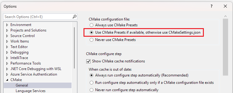 Screenshot of the Visual Studio project options. Cmake > General is selected.