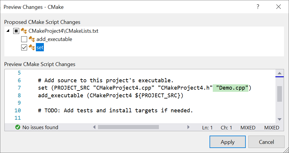 Screenshot of the Visual Studio Preview Changes dialog box.