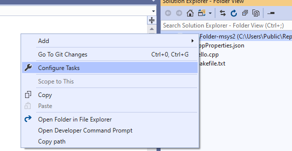 Solution Explorer shortcut menu showing the Configure Tasks command.