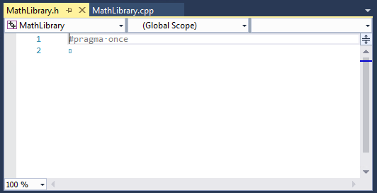 Screenshot of the empty MathLibrary.h file in the editor.