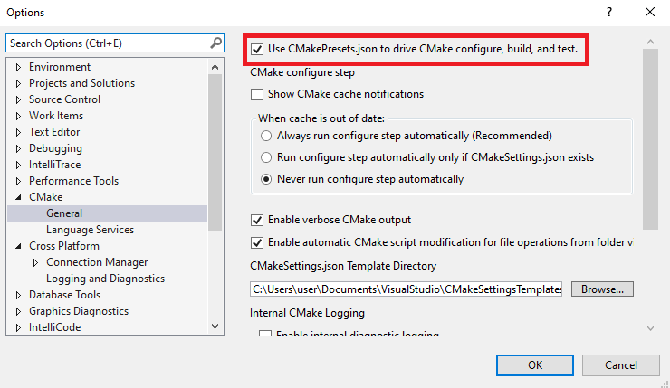 Screenshot showing the checkbox to enable CMakePresets.json on the CMake General page of the Tools Options dialog in Visual Studio 2019.