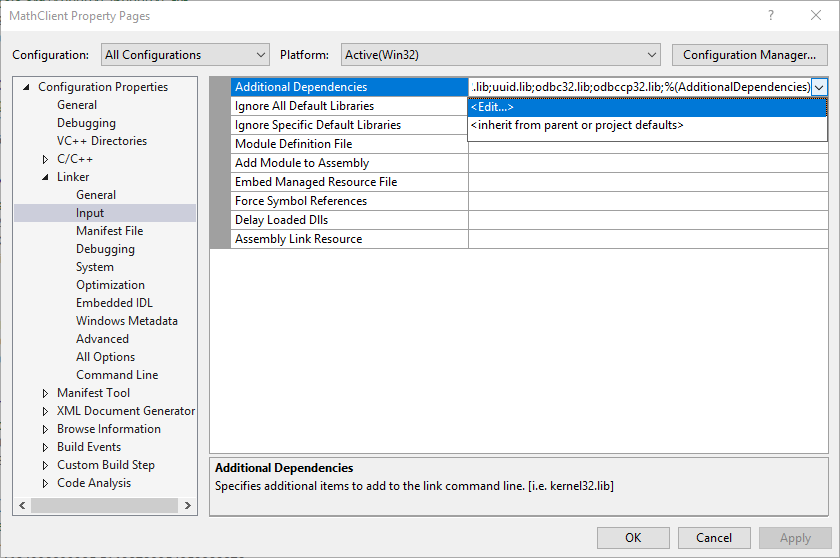 Edit the Additional Dependencies property